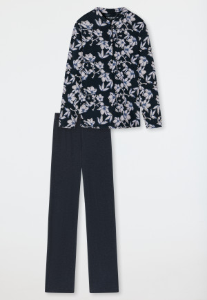 Pyjama long coton bio patte de boutonnage imprimé fleuri bleu marine - Contemporary Nightwear