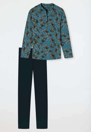 Pyjama long coton bio patte de boutonnage imprimé fleuri bleu pétrole - Contemporary Nightwear