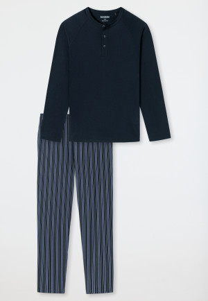 Schlafanzug lang Organic Cotton Knopfleiste Streifen nachtblau - selected! premium