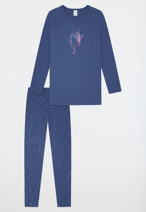 Pigiama lungo in cotone organico stampa con cavalli stelle jeans blu - Horse World