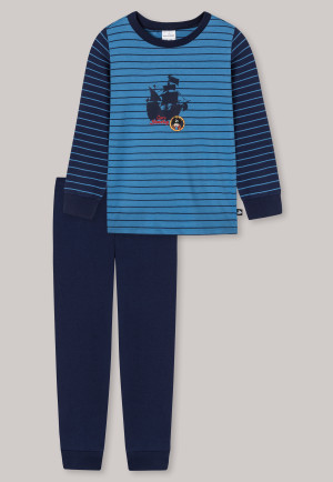 Long pajamas organic cotton striped cuffs pirate ship blue - Capt'n Sharky