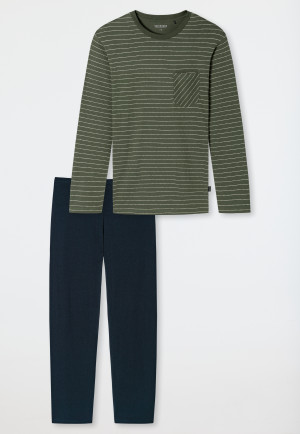 Schlafanzug lang Organic Cotton Rundhals Ringel khaki/dunkelblau - Fashion Nightwear