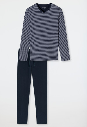Pyjama long coton bio encolure en V rayures bleu nuit - 95/5