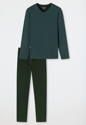 Pyjama long coton bio encolure en V rayures bleu pétrole - 95/5 Nightwear