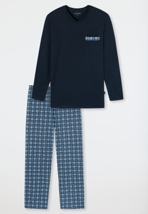 Schlafanzug lang V-Ausschnitt kariert dunkelblau - Comfort Fit