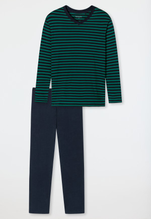 Pyjama long encolure en V rayures vert foncé - Essentials Nightwear