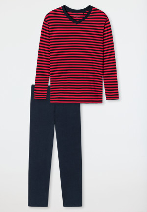 Pyjama long encolure en V rayures rouge - Essentials Nightwear