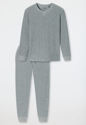 Schlafanzug lang Kord/ Velour Bündchen Streifen grau-meliert - Warming Nightwear