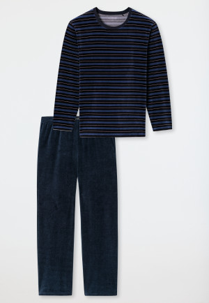 Schlafanzug lang Velour Streifen nachtblau - Casual Nightwear