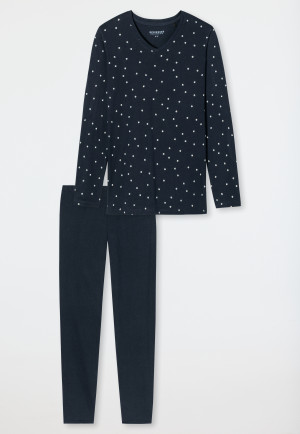 Schlafanzug lang weitere Silhouette V-Ausschnitt Minimalprint dunkelblau - Essentials Comfort Fit