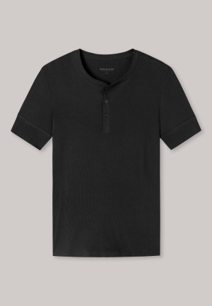 T-shirt manches courtes côtelé coton bio patte de boutonnage noir - Retro Rib