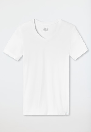 T-shirt blanc à manches courtes et col en V en jersey élastique - Long Life Soft