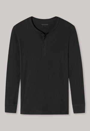 Shirt long-sleeved double rib organic cotton button placket black - Retro Rib