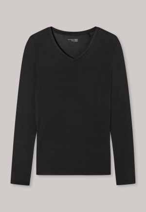 Maglia, maniche lunghe, modal, scollo a V, nero - Mix + Relax