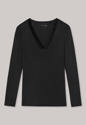 Shirt langarm V-Ausschnitt Spitze Modal schwarz - Mix+Relax