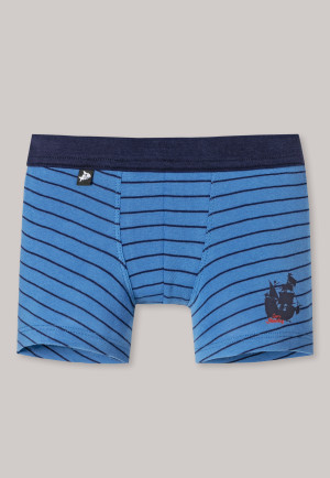 Boxer a costine sottili in cotone organico con morbida fascia in vita e un motivo a righe con nave pirata, di colore blu - Capt'n Sharky