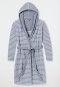 Light gray ringed bathrobe with hood, light terry cloth