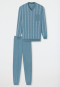 Schlafanzug lang Organic Cotton V-Ausschnitt Bündchen Brusttasche blaugrau kariert - Comfort Nightwear