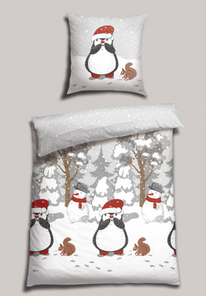 Bed linen 2-piece flannelette penguins squirrels multicolored - SCHIESSER Home