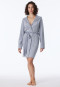 Light gray ringed bathrobe with hood, light terry cloth