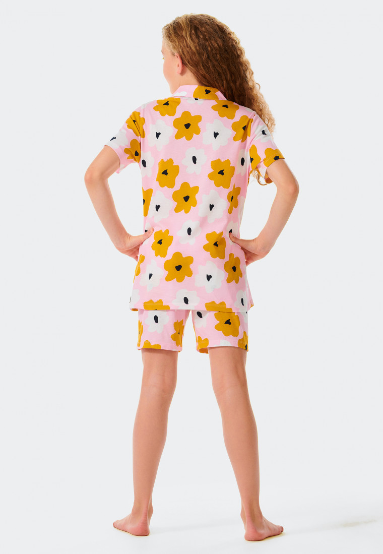Pigiama corto in cotone biologico con bottoniera, motivo di fiori, rosa - Pyjama Story