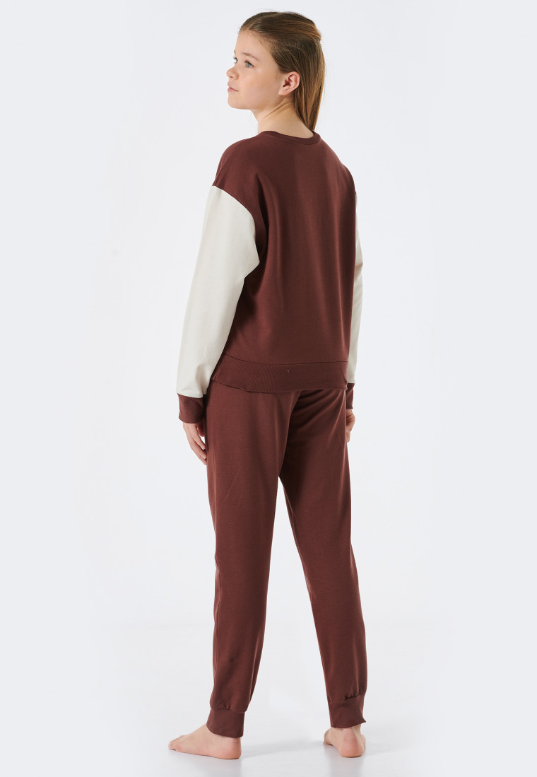 Pigiama lungo in tessuto felpato di cotone biologico con polsini, marrone - Teens Nightwear