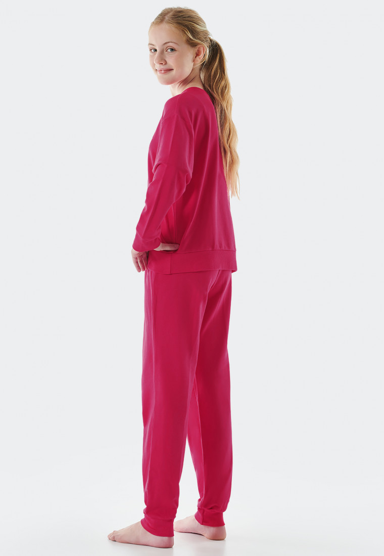 Pigiama lungo in tessuto felpato di cotone biologico con polsini e motivo di ciambella, rosa - Teens Nightwear