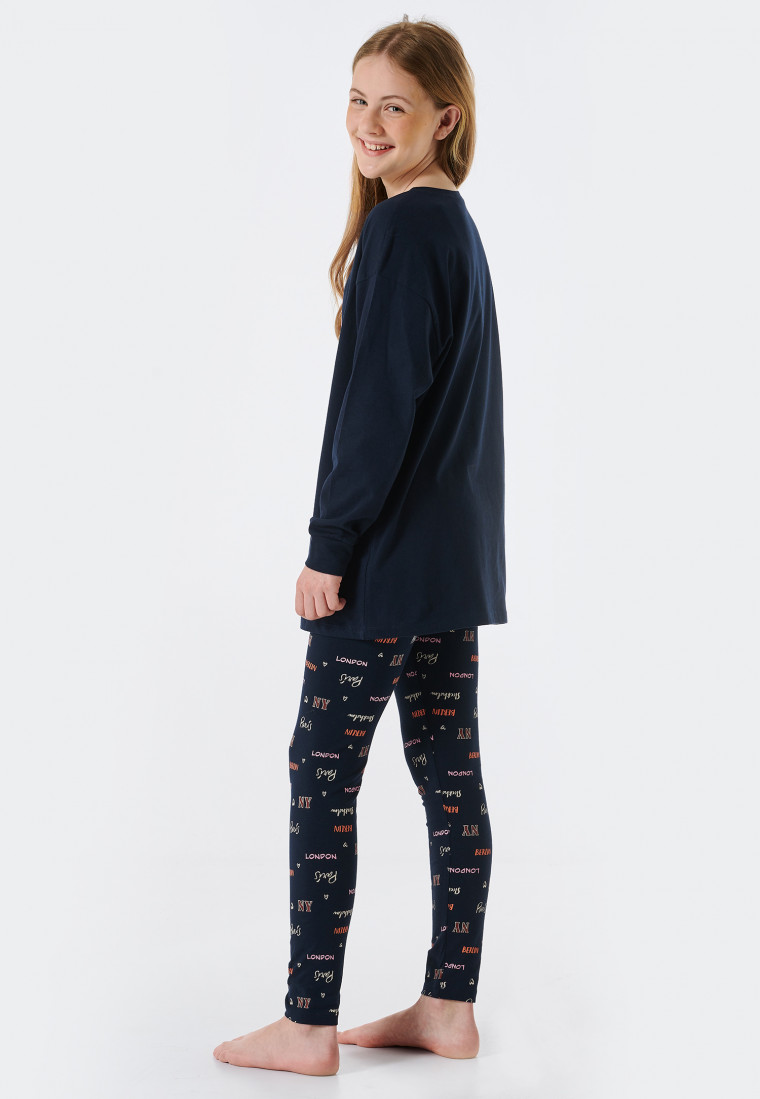 Pyjama long coton bio bords-côtes Paris bleu nuit - Teens Nightwear
