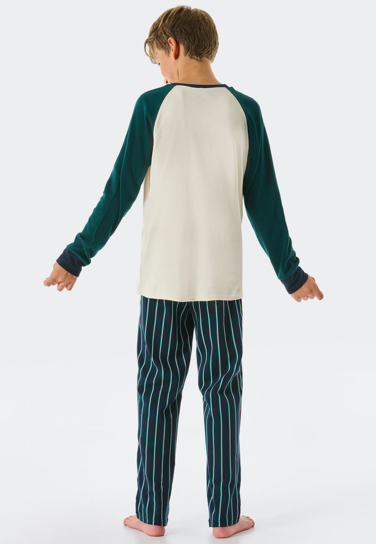 Pyjama long interlock coton bio bords-côtes rayures blanc cassé - Teens Nightwear