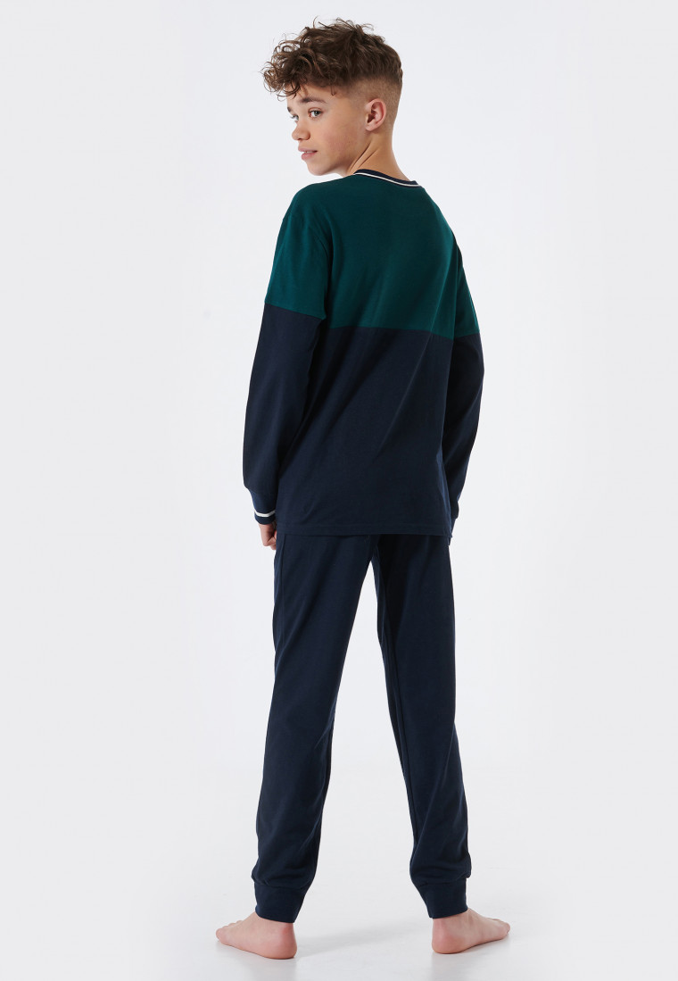 Schlafanzug lang Organic Cotton Bündchen Streifen Relax dunkelgrün - Teens Nightwear