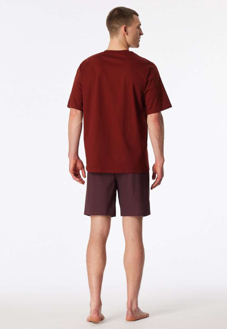 Short pyjamas V-neck chest pocket red patterned - Comfort Essentials