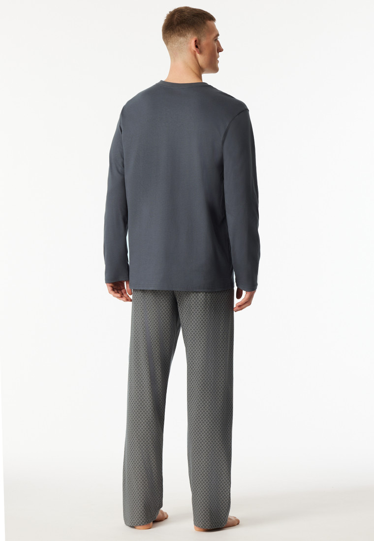 Schlafanzug lang V-Ausschnitt Brusttasche dunkelgrau gemustert - Comfort Essentials