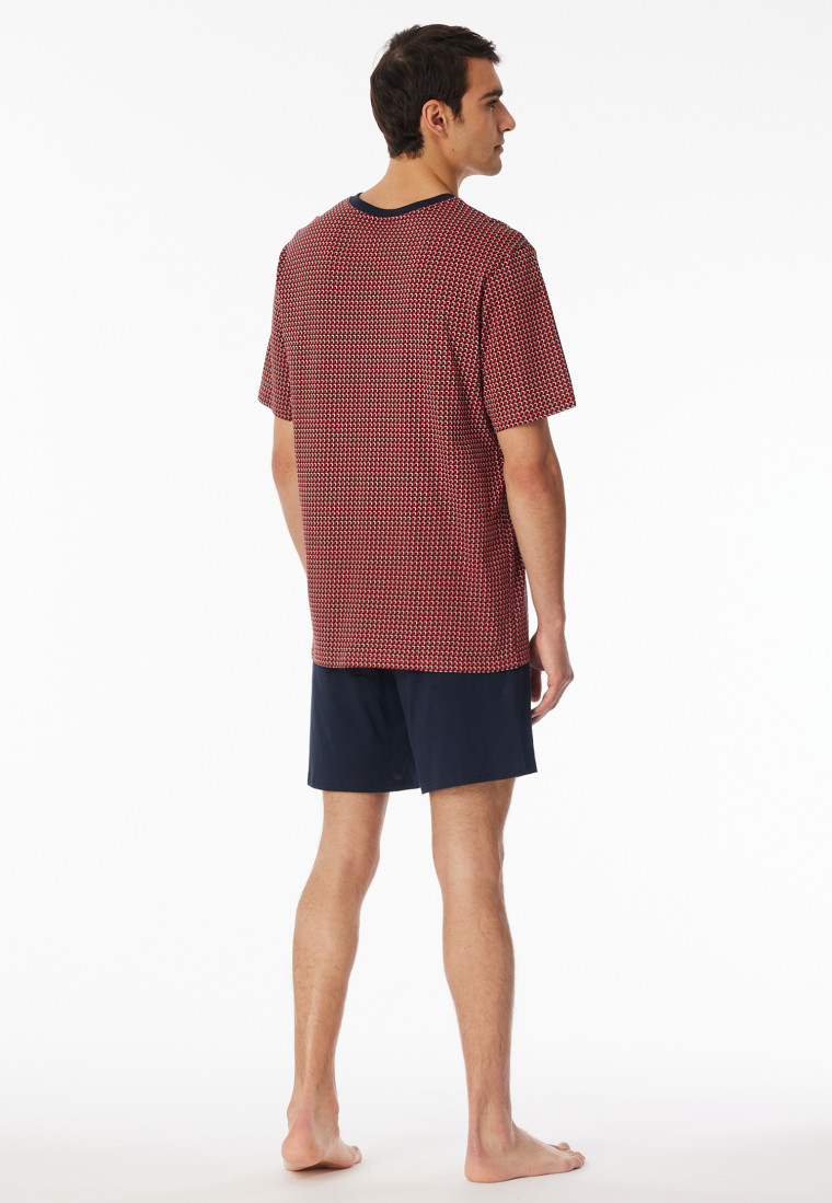 Pyjama court coton bio encolure en V poche poitrine à carreaux rouge chilli - Comfort Nightwear
