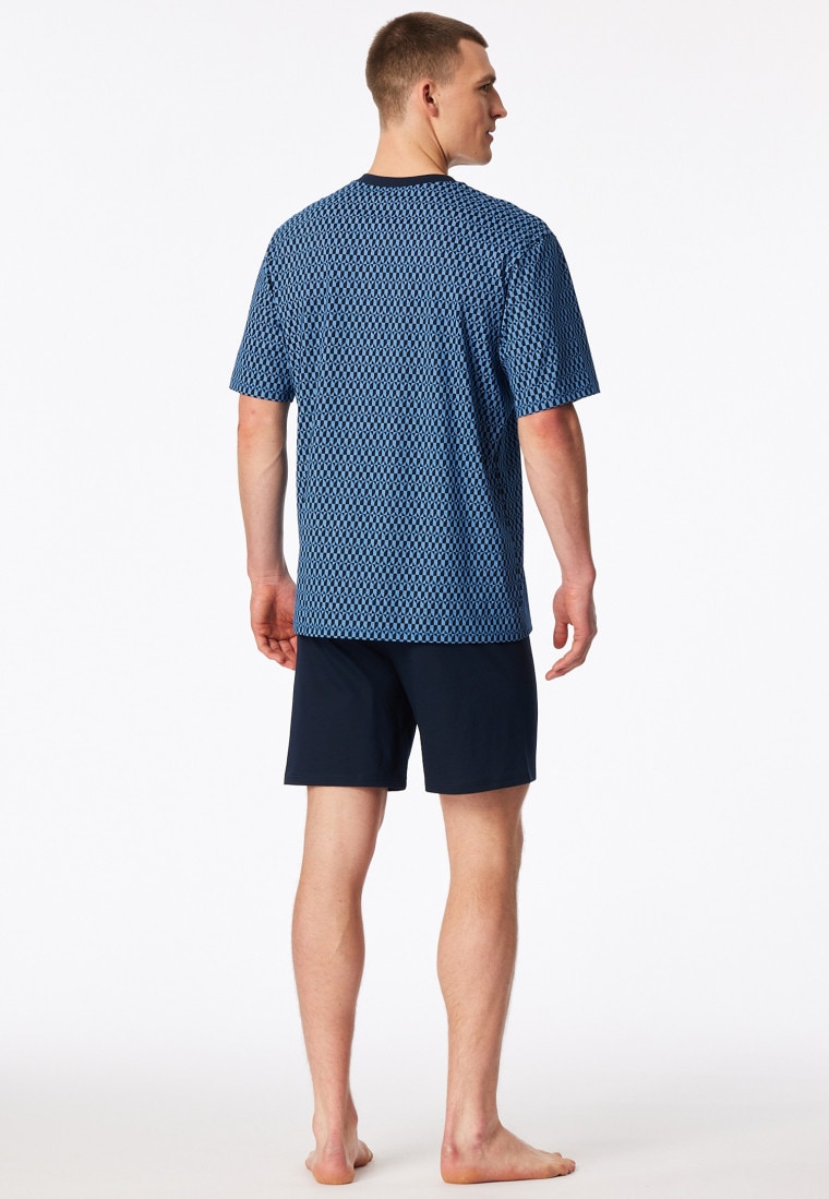 Short pyjamas V-neck chest pocket blue patterned - Comfort Nightwear