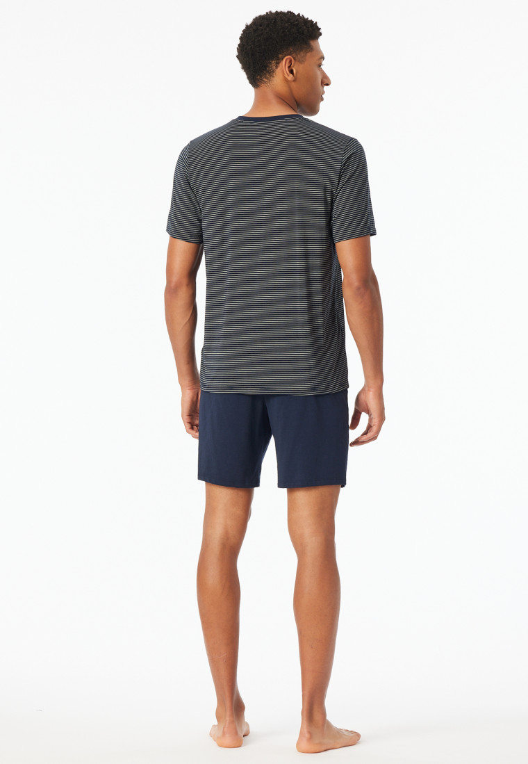 Pyjama court en modal encolure en V rayures bleu marine - Long Life Soft