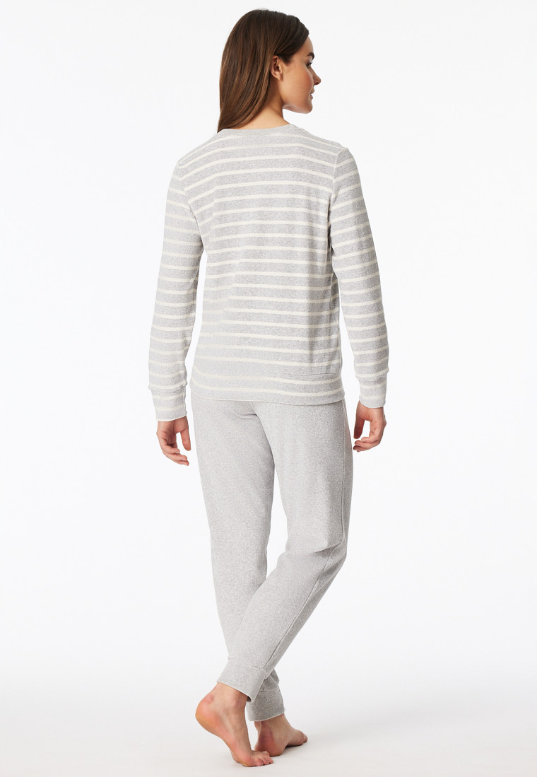 Schlafanzug lang Frottee Bündchen Ringel silbergrau-meliert - Casual Essentials