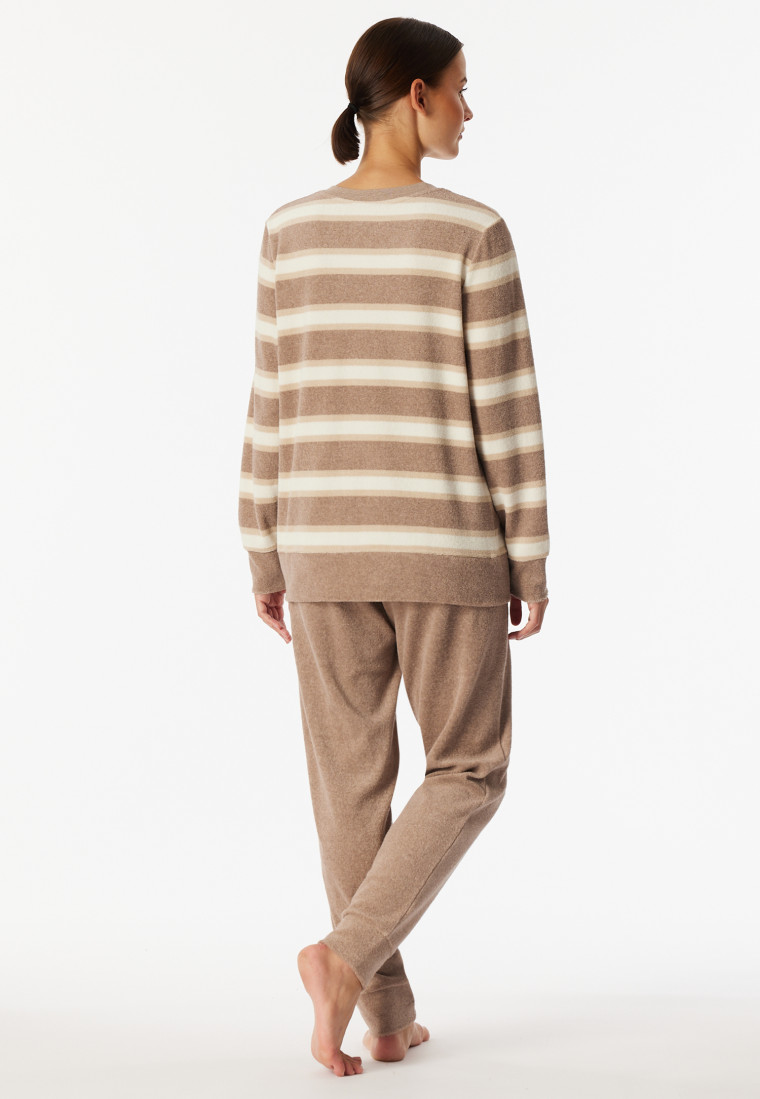 Schlafanzug lang Frottee Bündchen Ringel taupe-meliert - Casual Essentials