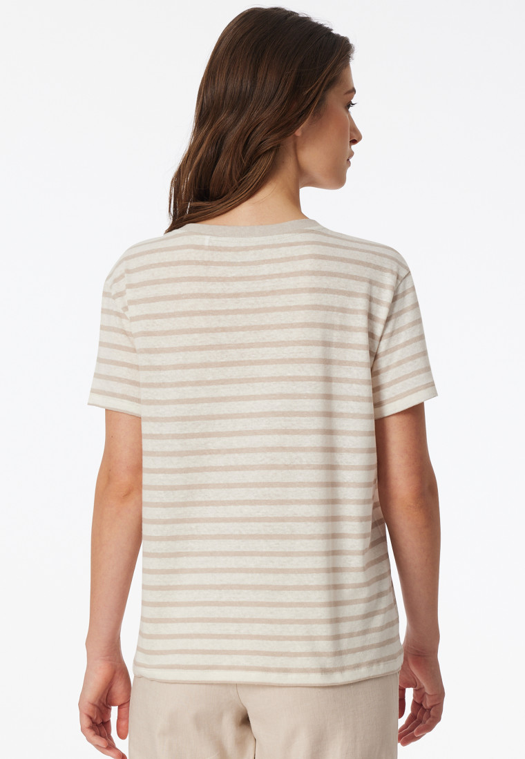 Maglietta a maniche corte in lino e cotone organico a strisce off-white - Mix+ Relax