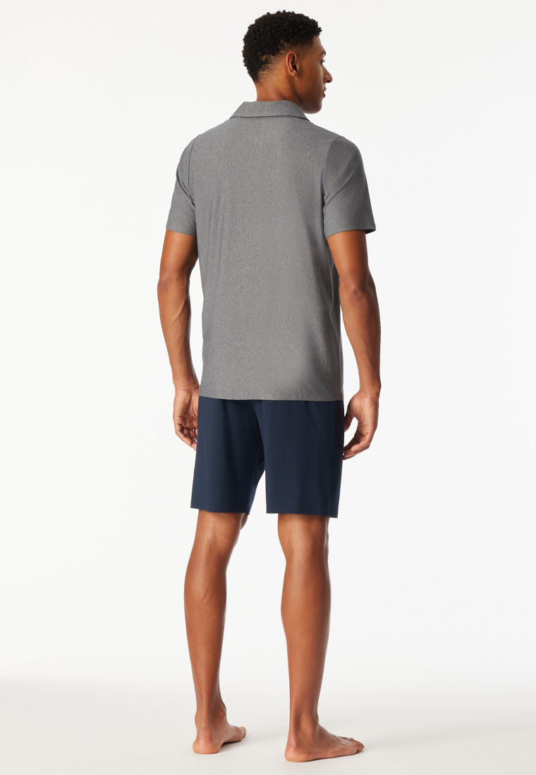 Pyjama court rayures col de chemise bleu nuit - Selected Premium Jacquard
