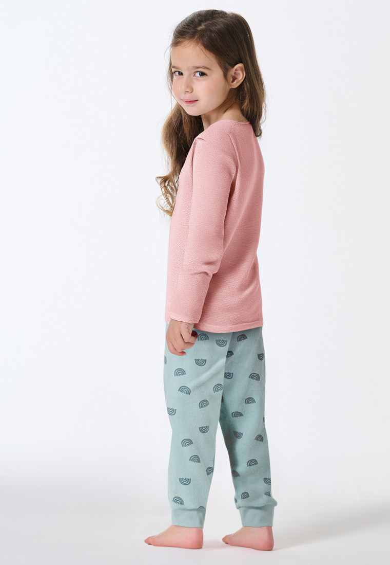 Schlafanzug lang Frottee Bündchen Regenbogen koralle - Nightwear