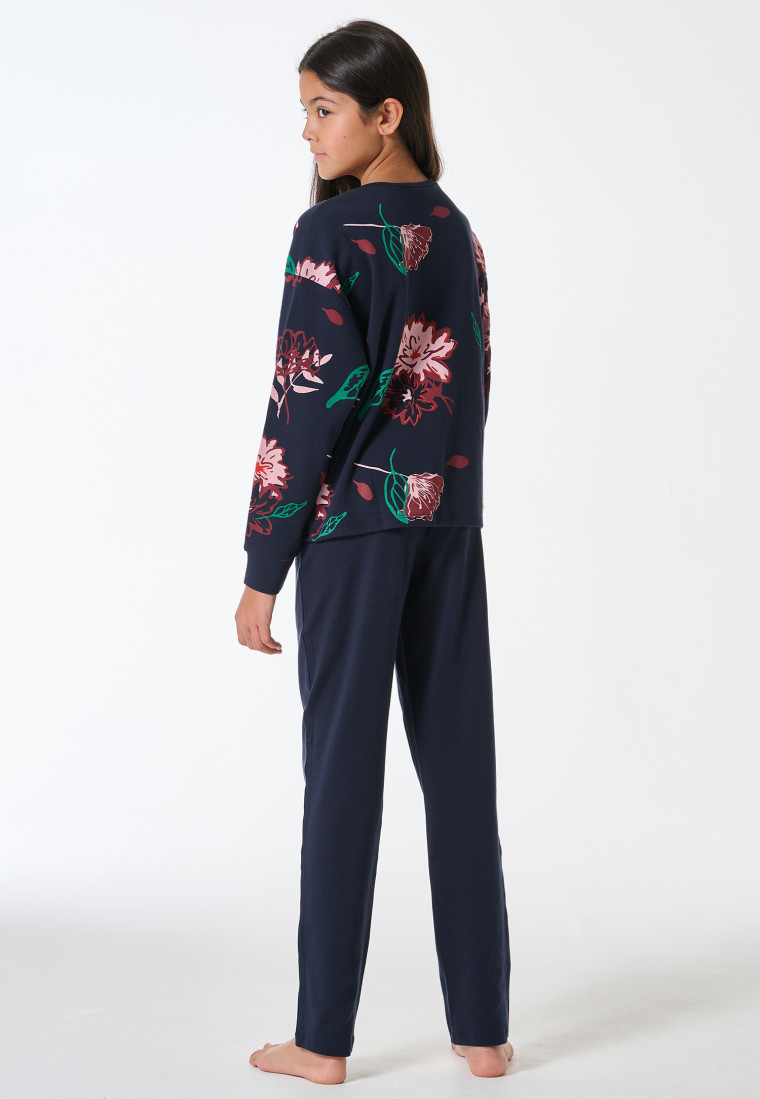 Schlafanzug lang Interlock Blumen nachtblau - Teens Nightwear