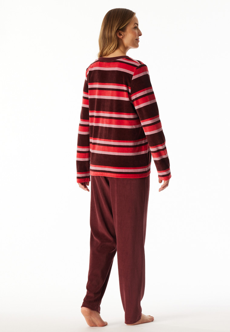 Schlafanzug lang Velour Ringel burgund - Comfort Nightwear