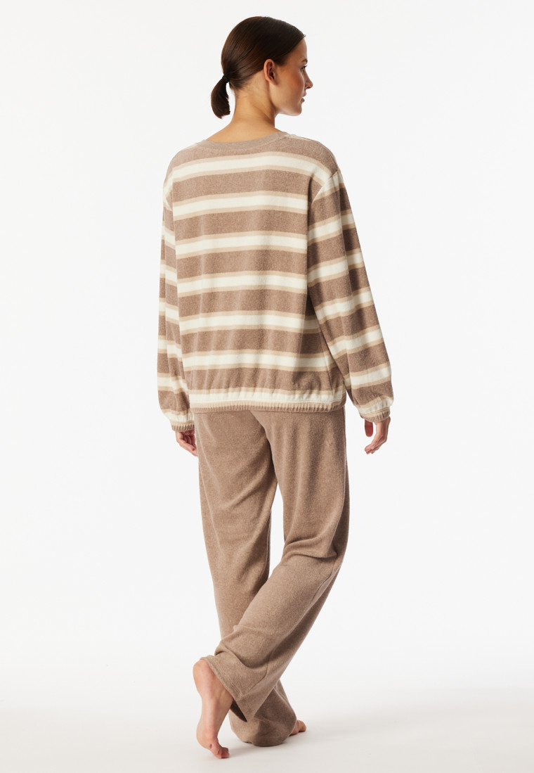 Schlafanzug lang Frottee Bündchen Ringel taupe-meliert - Casual Essentials