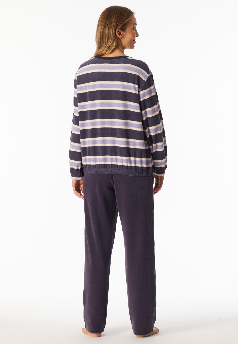 Schlafanzug lang Frottee Bündchen Ringel indigo - Casual Essentials