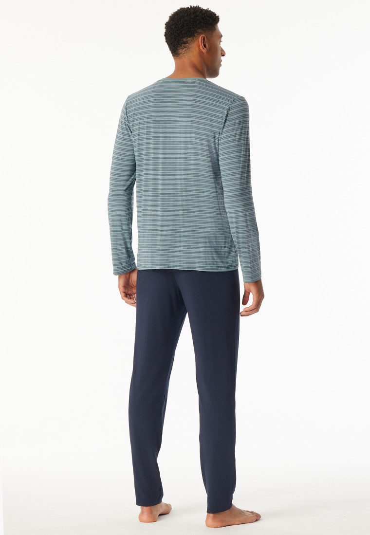 Schlafanzug lang V-Ausschnitt Ringel mineral - Long Life Soft