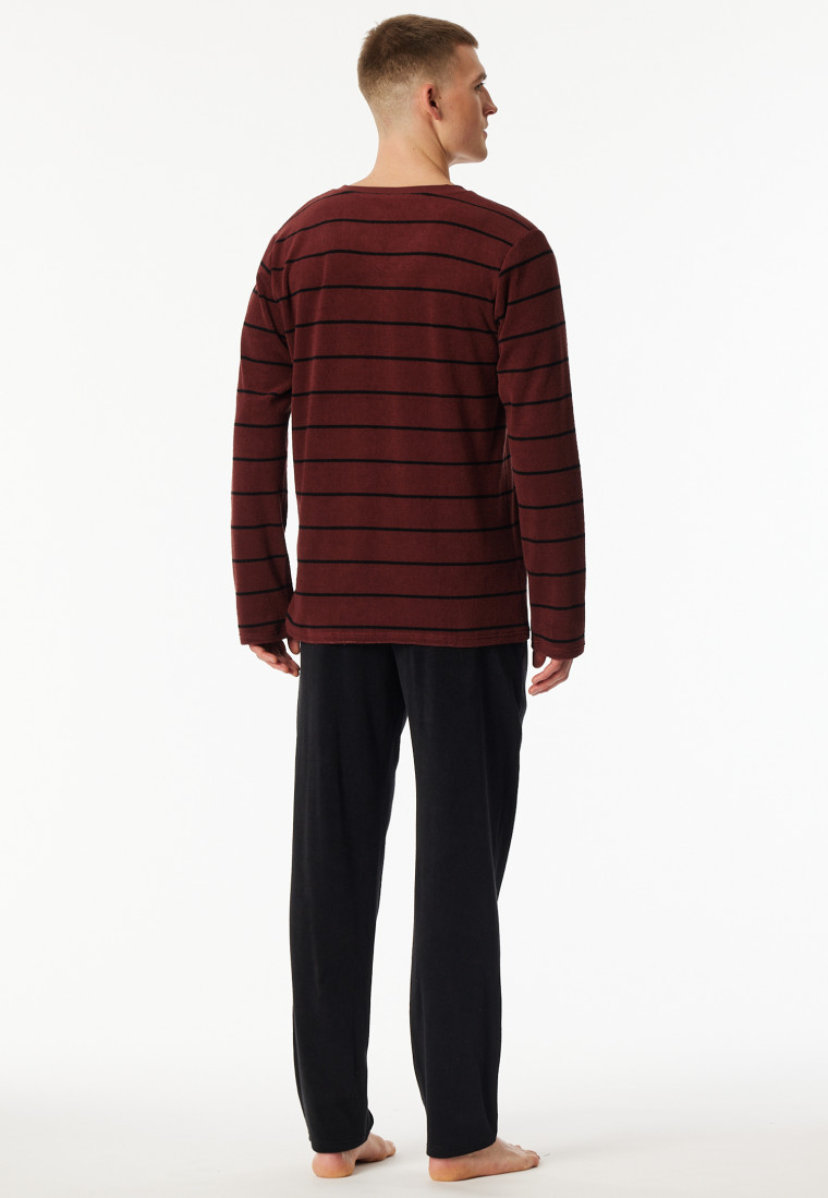 Pigiama lungo in spugna con scollatura a V a righe bordò - Casual Nightwear