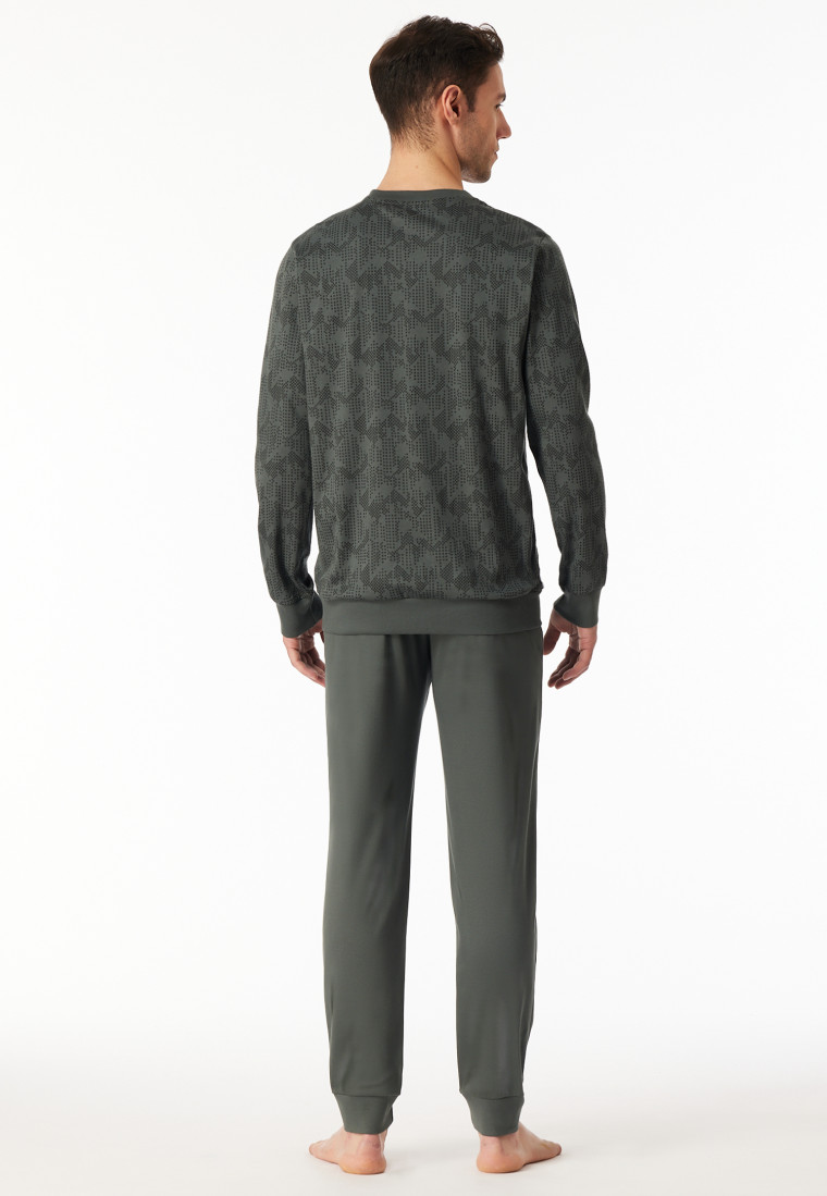 Pyjamas long Interlock cuffs dark green patterned - Fine Interlock