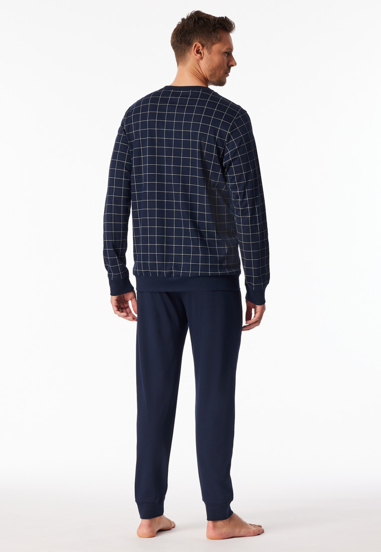 Pyjama long interlock poignet bleu nuit à carreaux - Fine Interlock