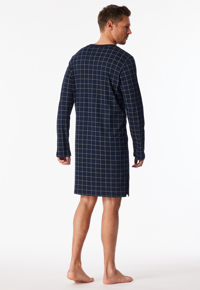 Sleep shirt long-sleeve interlock dark blue chequered - Fine Interlock