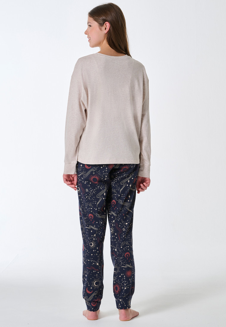 Schlafanzug lang Bündchen beige-meliert - Family